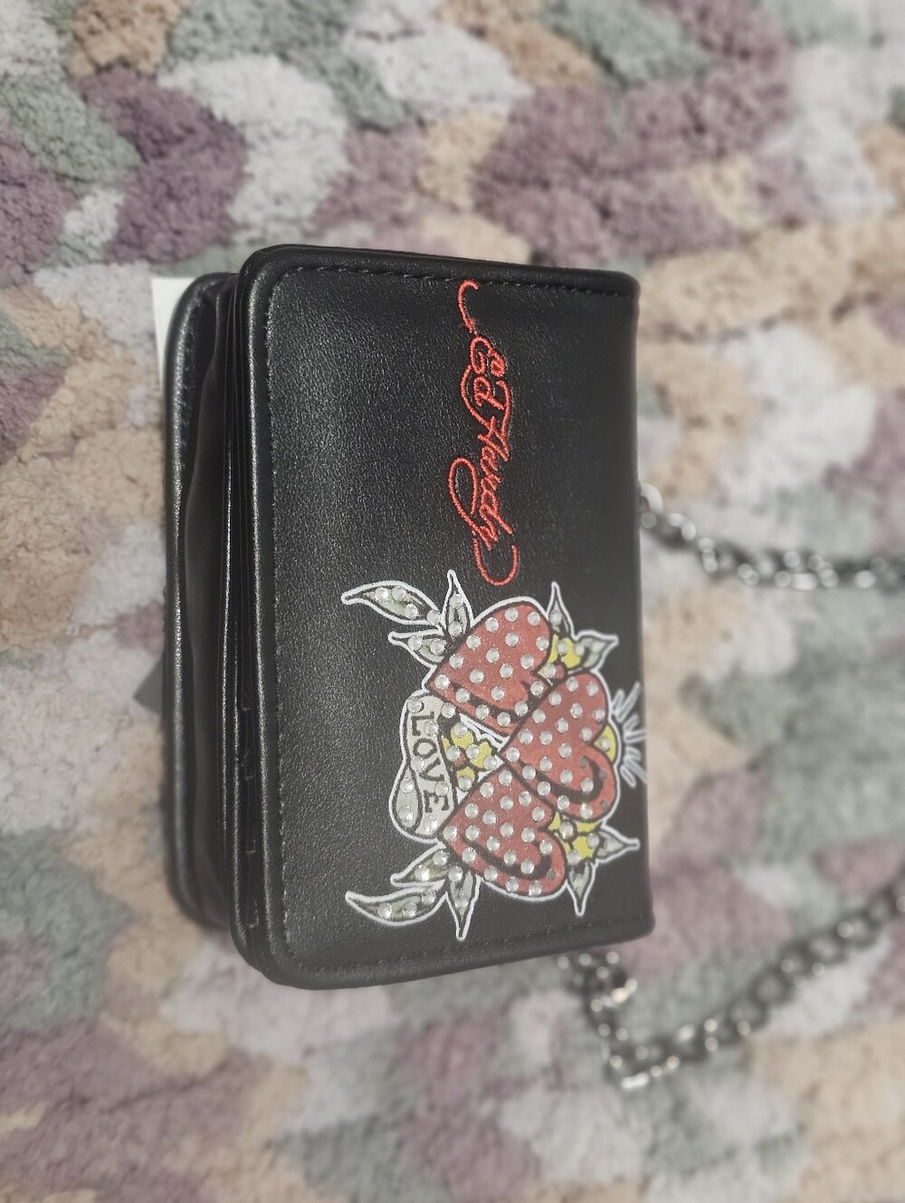 Ed Hardy Black Rhinestone Heart Crossbody Wallet Bag